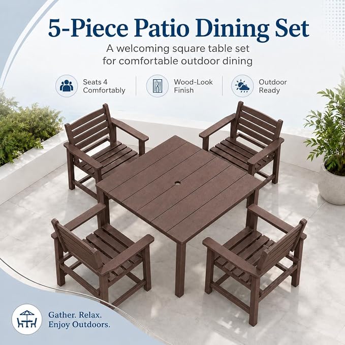 HDPE Outdoor Dining Set for 4, Square Table & Chairs Set | • All-Weather Polywood Composite • 410 lbs Heavy-Duty Support • Built-In 2" Umbrella Hole • Easy Soap-Water Wash