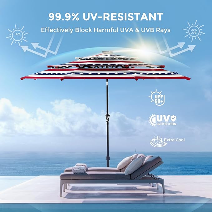 HOMSHADE 9FT 3-Tier Solar Patio Umbrella Heavy Duty, Vented Market Table Umbrella Windproof w/32 LED Lights, UPF50+, 5-Year Fade Resistant, for Pool, Lawn, Garden, Deck (No Base)