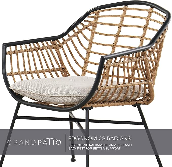 Grand patio Patio Furniture Set, Outdoor Wicker Patio Conversation Seating Chair with Cushions and Coffee Table, Boho Seating Chat Set for Indoor Outdoor, Balcony, Porch, Garden, Deck