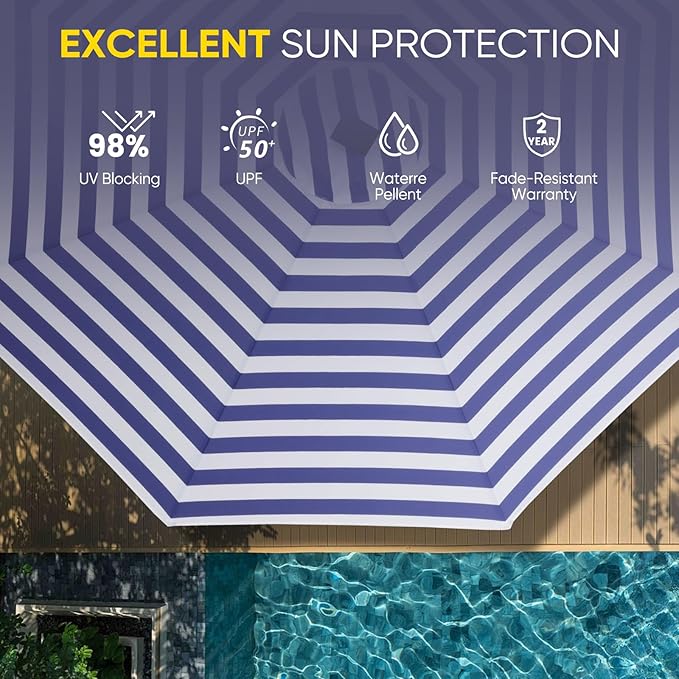 Tempera Solar Patio Umbrella 40 LED Lighted Outdoor Umbrella Table Market Umbrella with Push Button Tilt and Crank, Solar Umbrella with Sturdy Pole&Fade Resistant Canopy, Easy to Set