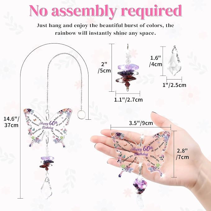 Funnli 60th Birthday Gifts for Women Suncatcher, 60th Birthday Decorations | 60 Year Old Bday Gift for Friends Sister Mom Grandma Window Hangings Home Decoration