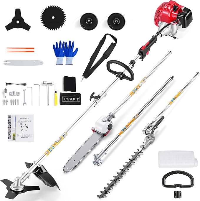 COOCHEER 58CC Gas Powered Weed Wacker, 5-in-1 Multi-Function String Trimmer, Brush Cutter, Hedge Trimmer, Edger, and Pole Chainsaw, 2-Cycle Gas Powered Garden Multi-Tool for Lawn Care
