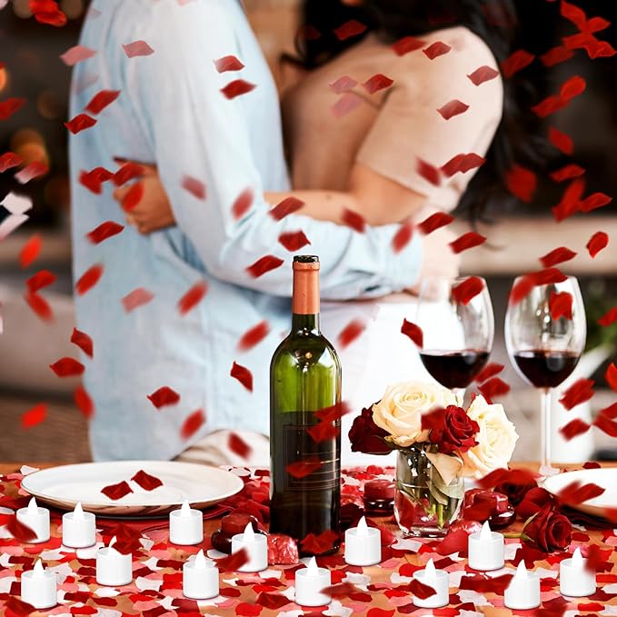 Coume 6000 Pcs Artificial Rose Petals with 72 Pcs Flameless LED Candles Romantic Decorations Fake Candles Anniversary Decorations for Valentine's Day Wedding Night(White with Red Series Petal)