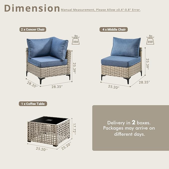 5 Pieces Patio Sectional Furniture Set, Outdoor Wicker Sectional Couch with Solar Lights Table, Modern Conversation Set for Porch Balcony Backyard, Denim Blue