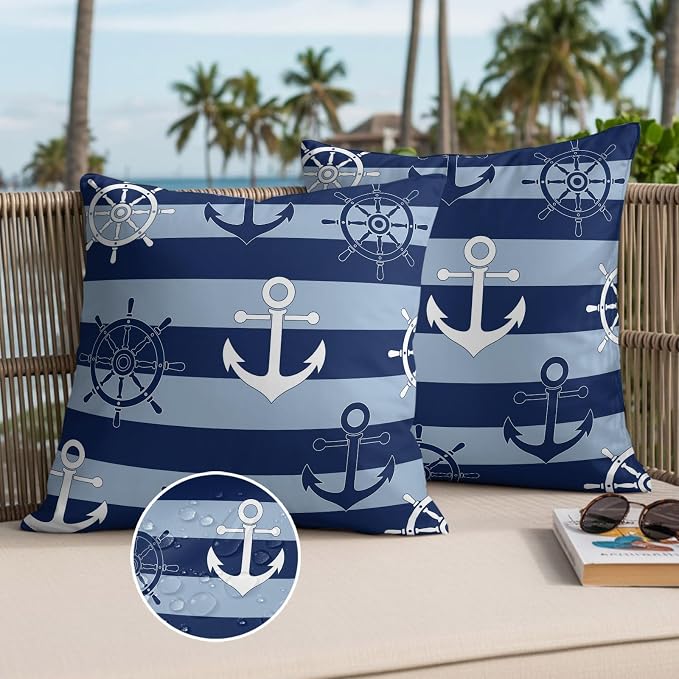 Nautical Ship Anchors Waterproof Outdoor Pillow Covers Set of 2 Home Decor, Navy Blue Horizontal Stripes Pillowcase Patio Pillow Covers for Couch Bench Patio Furniture Garden 18x18in