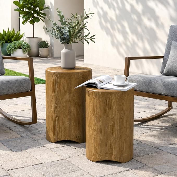 SUNBURY Concrete Side Table Set of 2, Outdoor Side Table Nesting for Patio, Outdoor Accent Table Patio End Table in Woodgrain, Ceramic for Balcony, Courtyard, Round, Light Brown
