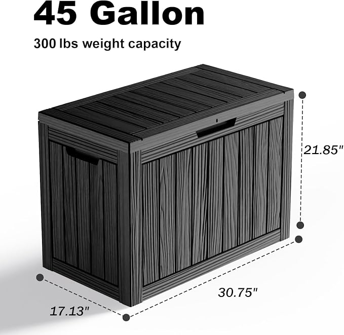 Deck Box Large Outdoor Storage for Patio Furniture,Outdoor Cushions,Garden Tools and Pool Supplies,Waterproof,Resin,Lockable (Black, 45 Gallon)