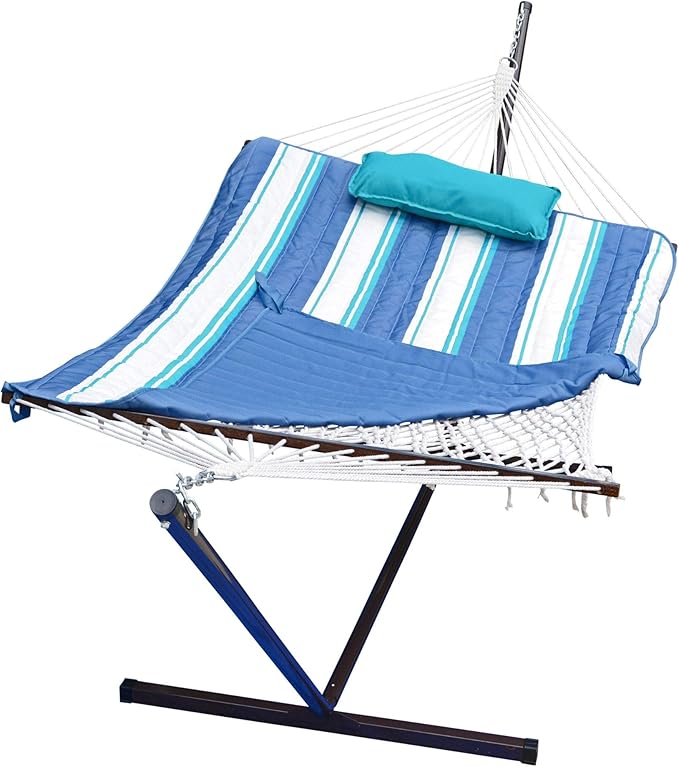 144" Blue and White Striped Cotton Soft Comfort Hammock with Frame