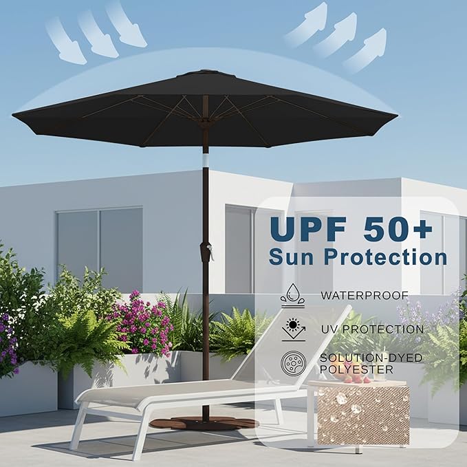 11FT Patio Umbrella, Outdoor Umbrella with with 8 Sturdy Fiberglass Ribs,Market Table Umbrella with Push Button Tilt and Crank,Suit for Backyard,Garden,Pool,Deck(Black)