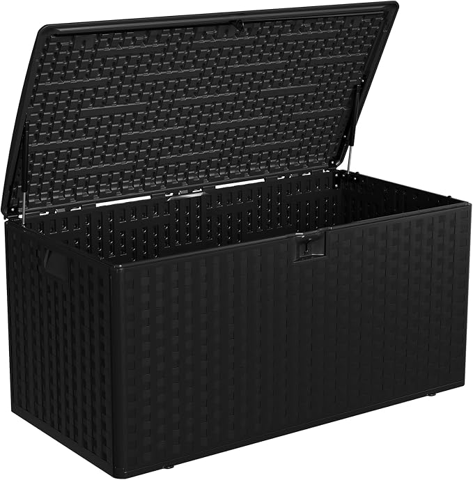 Takywep 100 Gallon Outdoor Storage Box, Waterproof Resin Deck Box with Lockable Lid, UV-Resistant Storage Bench for Patio Cushions, Garden Tools, Outdoor Furniture & Package Delivery Black