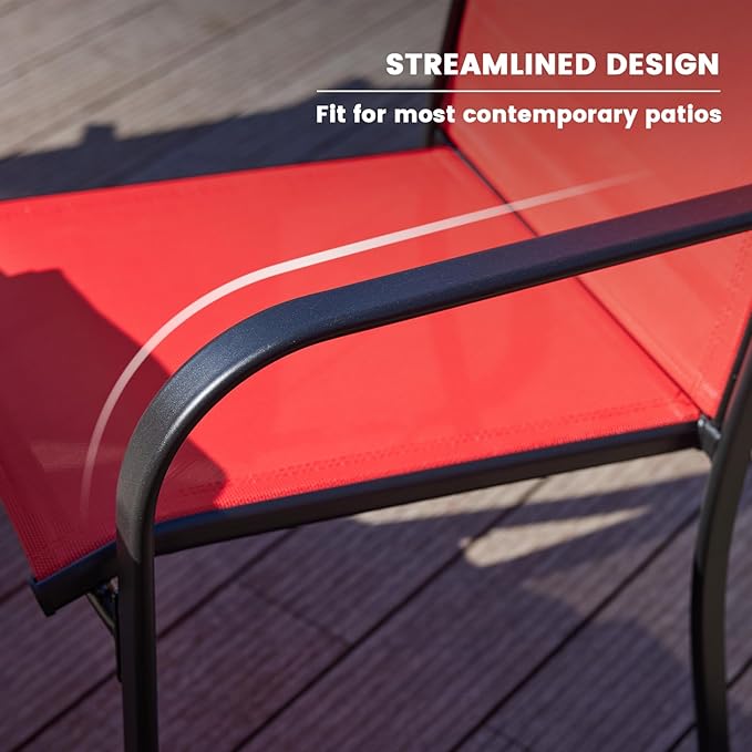 VICLLAX Outdoor Set for 2, Small Patio Table and Chairs Set of Stackable Patio Sling Chairs and Round Dining Table for Front Porch, Red Fabric and Black Table