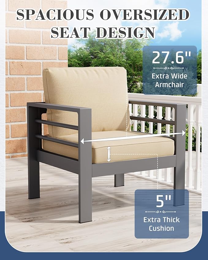 AECOJOY Aluminum Patio Furniture Set, 5 Seats Modern Outdoor Furniture with Coffee Table, 4 Pieces Metal Conversation Sectional Sofa, Beige