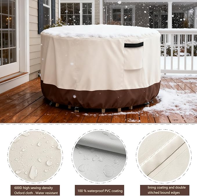 Outdoor Round Table Cover Waterproof Patio Furniture Covers,Patio Round Table Chair Set Covers - 42" Dia x 34" H (Beige & Brown)