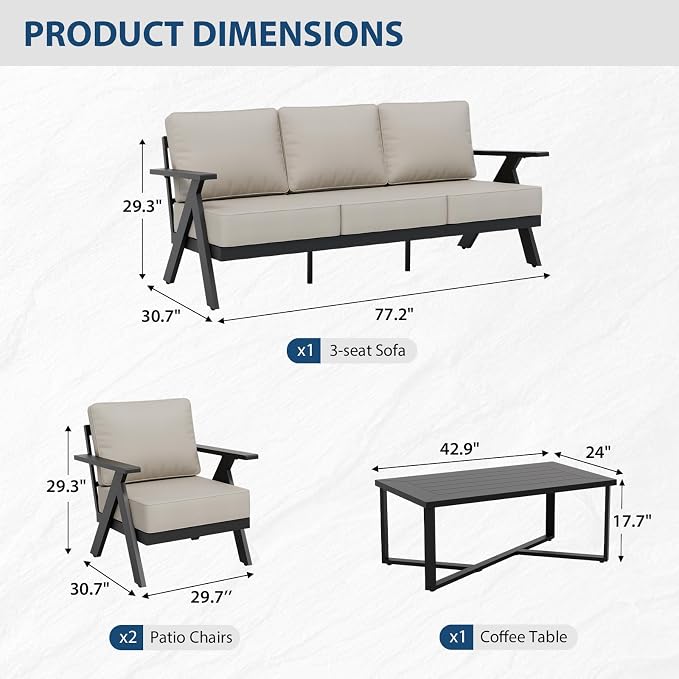 COOS BAY Iron Luxe 4 Piece Outdoor Patio Furniture Set, Modern Patio Conversation Set with 2 Patio Chairs, a 3 Seat Couch & Coffee Table for Deck, Garden, Porch, Black/Beige