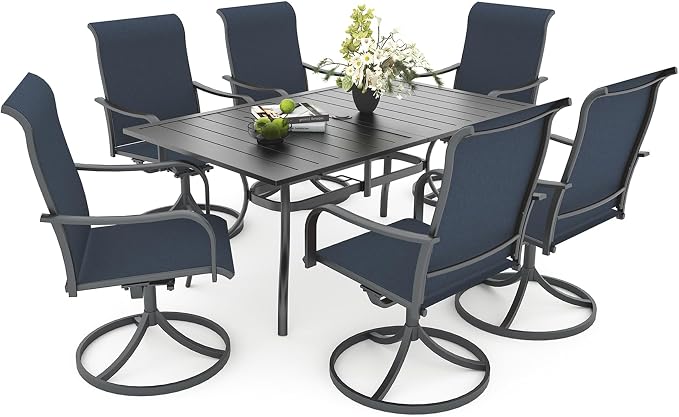 Anmutig 7 Piece Patio Dining Set for 6, 360° Swivel Chairs with Textilene Fabric, Large Rectangular Table and Chairs for Lawn Garden Backyard Poolside Deck, Blue