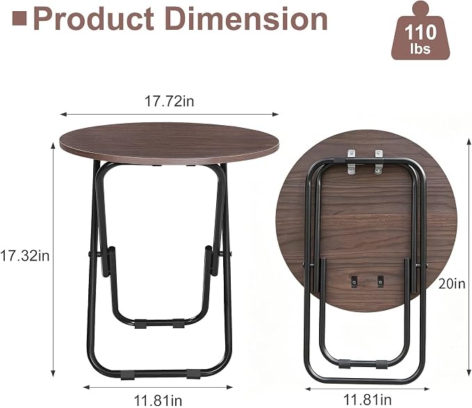 VECELO 17.7" Small Folding Table Set of 2,Round Patio Outdoor Side Table, Foldable Wooden Table with Weather Resistant Steel Frame, Patio Table for Camping Picnic Garden Small Space