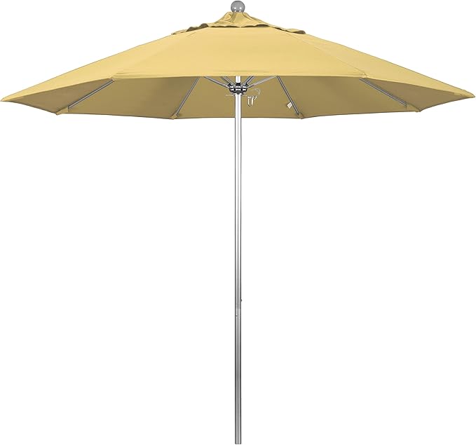 California Umbrella 9' Round Aluminum/Fiberglass Umbrella, Push Open, Silver Pole, Sunbrella Wheat Fabric