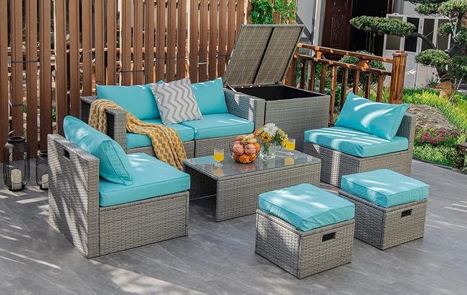 DORTALA 8 Pieces Patio Furniture Set, PE Rattan Sectional Sofa Set with Tempered Glass Table & Waterproof Cushions, Outdoor Wicker Conversation Set for Balcony, Poolside, Turquoise
