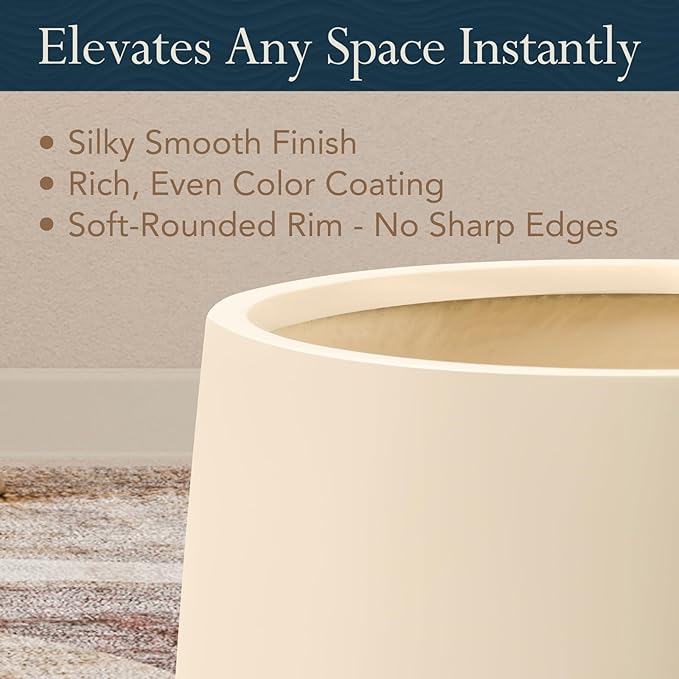 KUTE NEST 12.5" H x 11.4" D Premium Corso Fiberstone Round Tapered Planter with Drainage Hole, Smooth Finishes, Weather Resistant, Included 2 Extra Coco Mats (Kilim Beige, 9" Pot Opening)