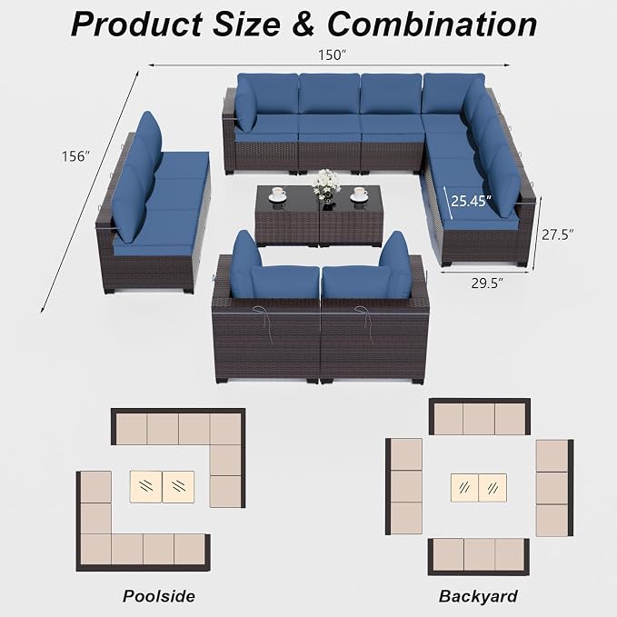 ALAULM Patio Furniture Set with Coffee Table, 14 Pieces Outdoor Sectional with Wide Seat and Thick Cushion, All Weather Wicker Rattan Conversation Set for Backyard, Garden, Deck, NavyBlue