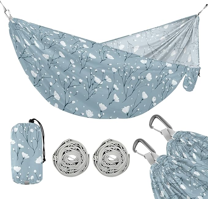 Camping Hammock Outdoor Hammocks for Outside Haze Blue Flowers Beach Trees Portable Lightweight with Pockets Tree Straps Indoor