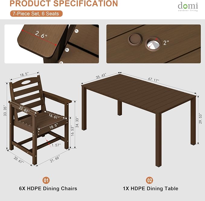 Domi HDPE Outdoor Dining Set, All-Weather 7 Piece Outdoor Dining Table Set with 2" Umbrella Hole, Outdoor Patio Dining Set for Garden, Poolside, Backyard, Deck, Brown