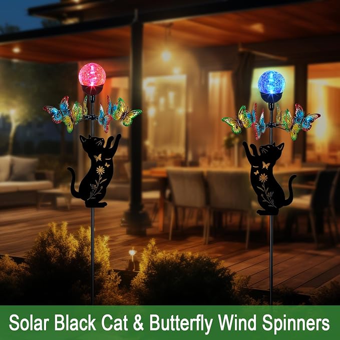 Solar Lights Yard Stake-Butterfly Wind Spinner,Metal Black Cat Garden Decor | Color Changing LED for Patio,Pathway,Lawn,Walkway,Outdoor Decorative