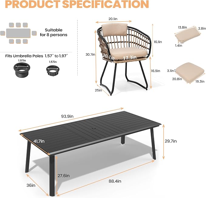 Pellebant 9-piece Outdoor Dining Set for 6-8 Person - Weather-Resistant Patio Dining Furniture Set, 94" Aluminum Outdoor Table with Umbrella Hole, Wicker Chair with Cushion for Deck, Porch, Backyard