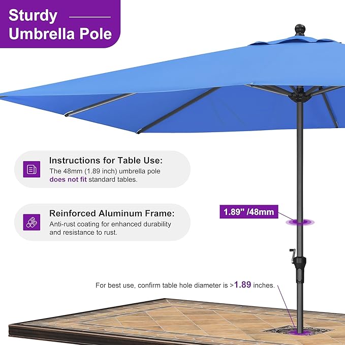 PURPLE LEAF 11.5' x 8' Rectangle Patio Market Umbrella with Base Outdoor Table Umbrellas Aluminum Frame Sun Shade with 8 Sturdy Ribs for Garden Deck Lawn Pool Sky Blue
