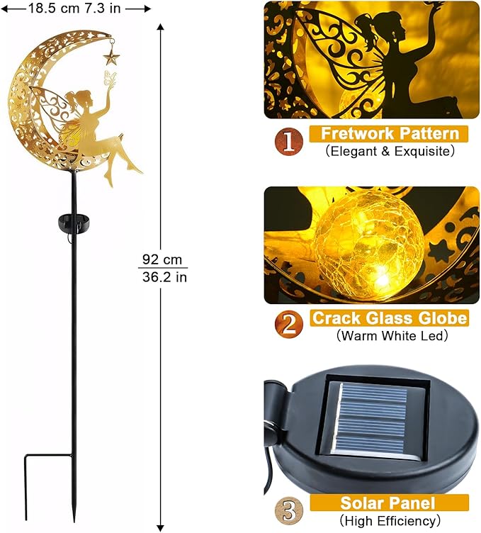 Fohil Solar Garden Lights Outdoor, Metal Fairy Moon Glass Globe Pathway Stake Solar Light Decor, Waterproof Solar Decorative Lights for Garden, Walkway, Yard, Lawn, Patio, Courtyard
