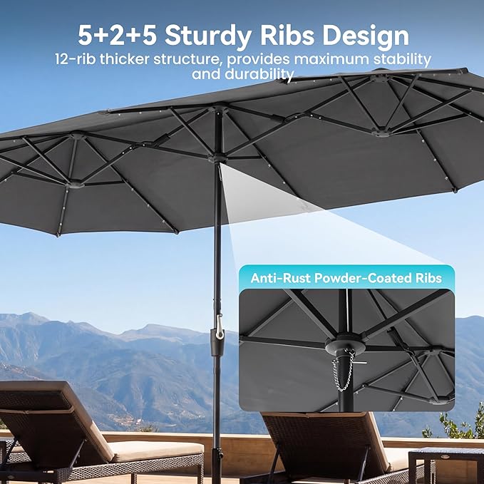 COSIEST 13FT Patio Umbrella with Solar Lights, Outdoor Double-Sided Table Umbrella,Large Rectangular Market Umbrella w Crank Handle for Garden, Pool, Deck Shade, Dark Gray