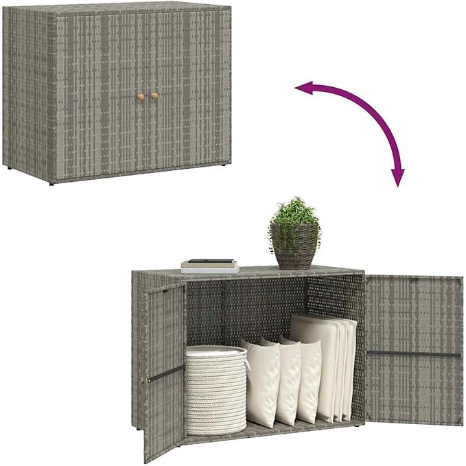 Gecheer Garden Storage Cabinet in Grey, 100 x 55.5 x 80 cm Poly Rattan Outdoor Deck Box with Waterproof Design and Steel Frame