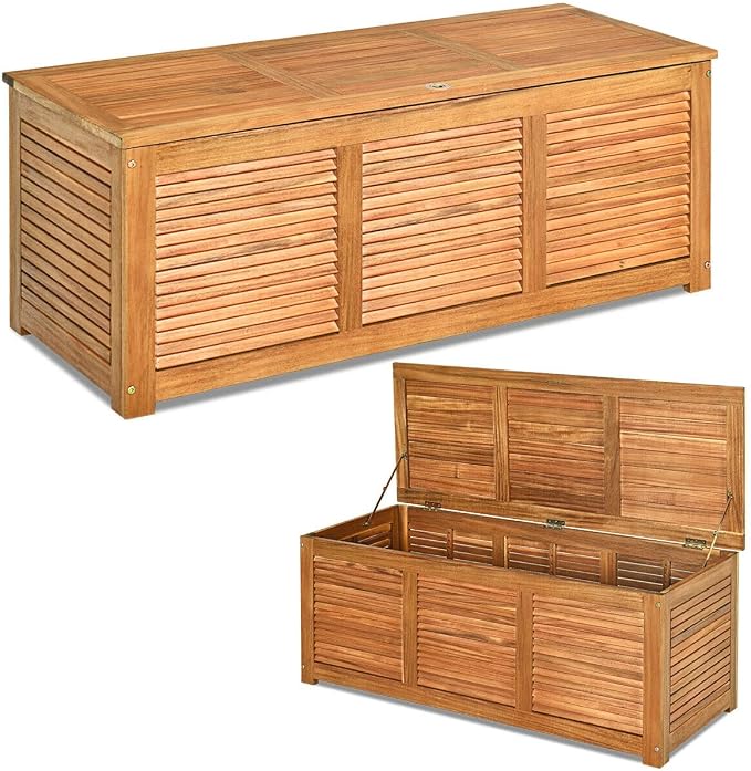 Outside Storage Deck Box Waterproof, 47 Gallon Wood Storage Bench Deck, Outdoor Patio Pool Garden Toy Slats Organization Tools with 2-3 Seating