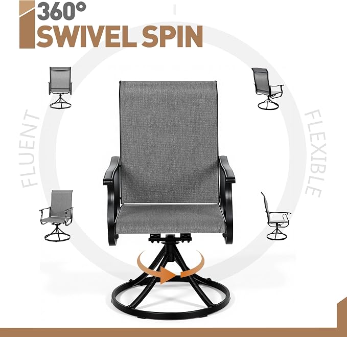 Crownland Outdoor Swivel Dining Chair Set of 2, All Weather 360° Swivel Rocking High Back Model Patio Dining Chairs, Textilene Fabric Wrought Iron Chair Set for Backyard, Lawn, Garden(Grey)