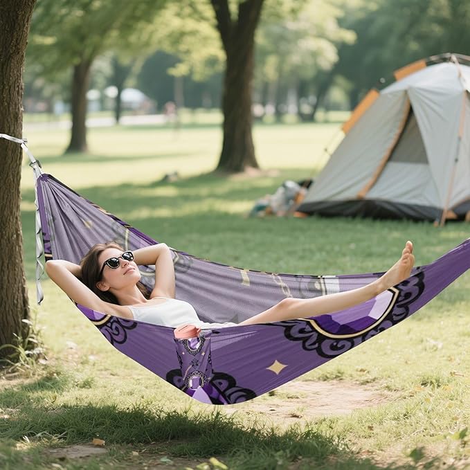 Purple Gem & Cross Pattern Outdoor Hammocks with Tree Straps Cloth Hammock for Camping Travel Accessories