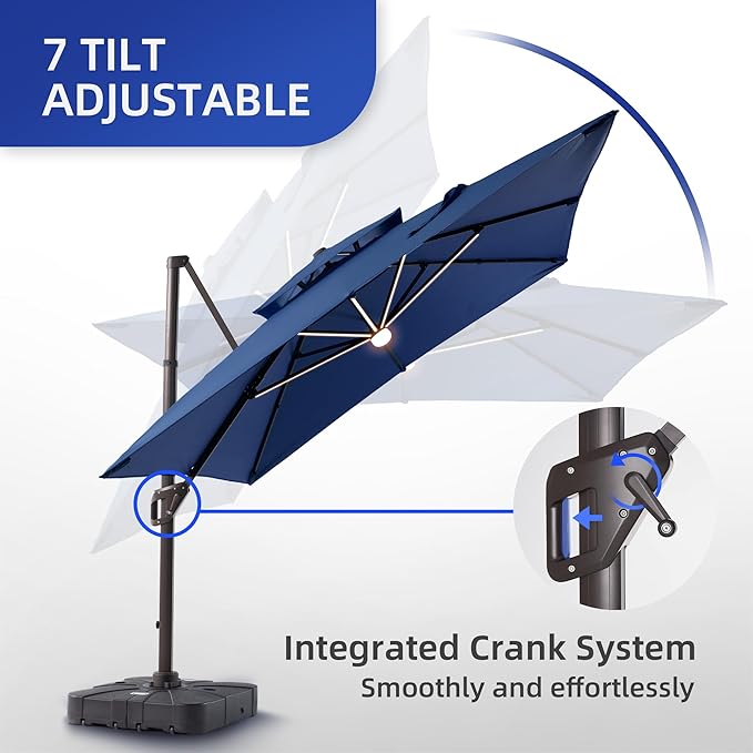 9 X 12 FT Cantilever Patio Umbrella with Led Lights and Base Included Heavy Duty Outdoor Double Top Large Rectangle Offset Umbrellas with 360-degree Rotation for Garden Pool Deck Backyard, Navy