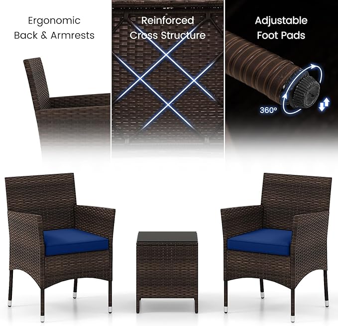 RELAX4LIFE 3-Piece Patio Furniture Set - Rattan Wicker Outdoor Conversation Set w/Cushions & Glass Coffee Table, Balcony Furniture for Porch Garden Backyard, Bistro Table and Chairs Set of 2 (Navy)