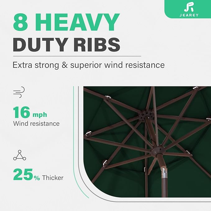 JEAREY 9FT 3 Tier Patio Umbrella Outdoor Market Umbrella Table Umbrellas with 8 Ribs 1.5 Pole Push Button Tilt and Crank UV Protection for Garden,Dark Green