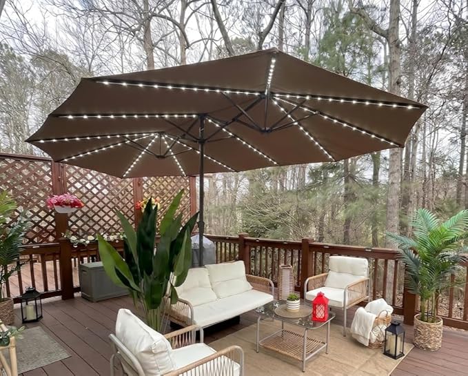 PURPLE LEAF 15ft Double-Sided Patio Umbrella with Base and Solar Lights Outdoor Market Umbrella with Crank Handle Rectangle Umbrella for Backyard Pool Garden Deck, Taupe
