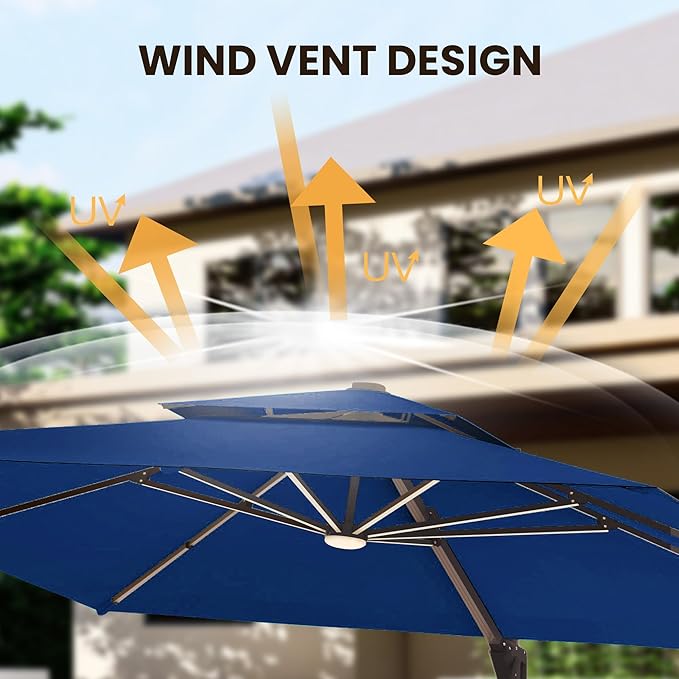 9 X 12 FT Cantilever Patio Umbrella with Led Lights Outdoor Heavy Duty Double Top Rectangle Offset Umbrellas with 360-degree Rotation for Pool Deck Backyard, Navy