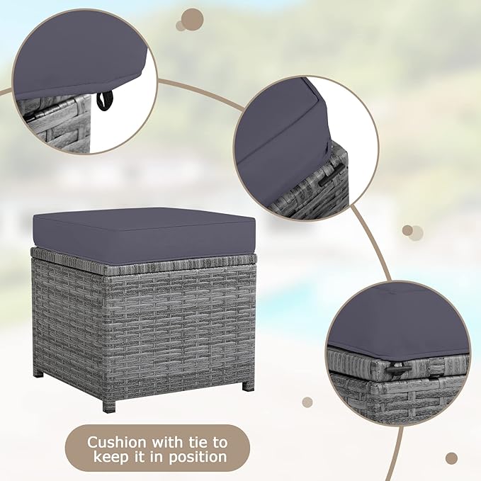 HAPPYGRILL 7 Pieces Rattan Wicker Patio Conversation Set, Outdoor Patio Furniture Set with Cushions, Rattan Sofa Set with Dining Table & Ottomans for Poolside Backyard Balcony Garden (Grey)
