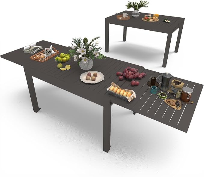 All Aluminum Expandable Patio Dining Table for 6-8 People, Extendable Outdoor Dining Room Table, All Weather Patio Furniture, Rectangular Metal Table with Adjustable Width 53"- 106", Dark Brown