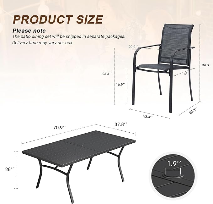 VICLLAX 9 Pieces Patio Outdoor Dining Set, 70" Outdoor Rectangular Metal Dining Table with Umbrella Hole and 8 Stackable Textilene Chairs for Lawn, Garden, Porch, Black/Grey