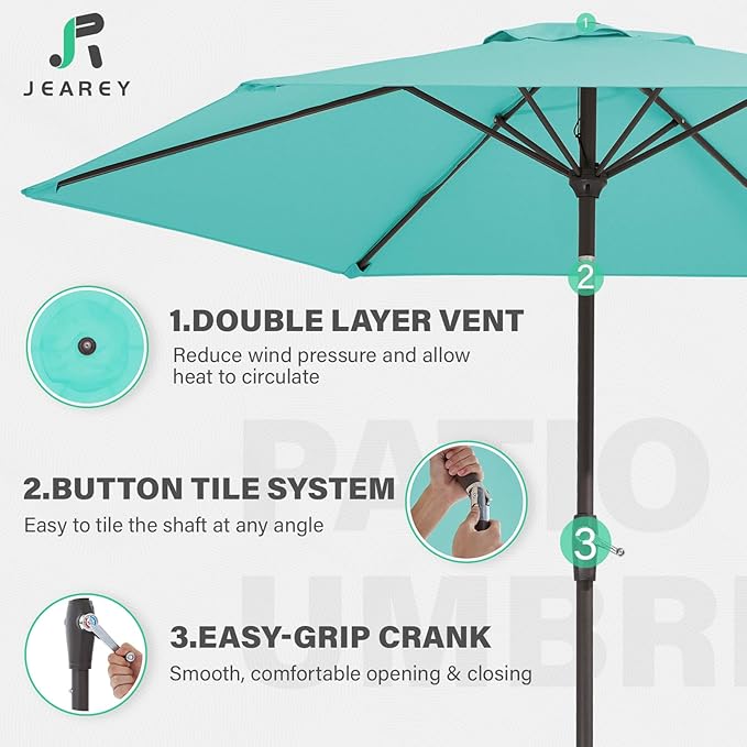 JEAREY 7.5FT Patio Umbrella Market Table Umbrella with 6 Sturdy Ribs, Push Button Tilt/Crank Outdoor Umbrella for Garden, Deck, Backyard, Pool, Peacock Blue