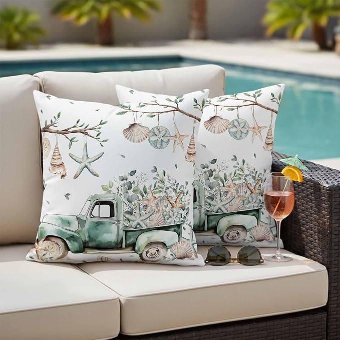 Sage Green Truck Outdoor Waterproof Throw Pillow Covers Set of 2, 26"x26", Ocean Starfish Shell Summer Leaf Decorative Pillow Covers Outside Cushion Case for Patio Porch Garden