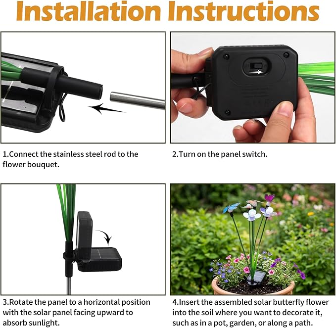 Hoikwo Solar Garden Flower Lights 4 Pack, Swaying Butterfly Flower Stakes Outdoor, Lifelike Butterflies and Flowers with 6 LED Warm Lights, Solar Lights Decor for Yard, Patio, Garden, Pathway