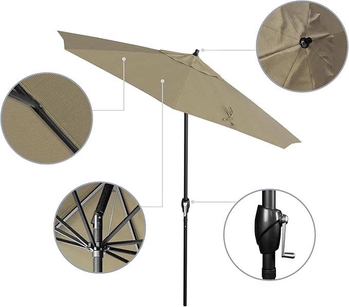 California Umbrella 7.5' Rd Aluminum Patio Umbrella, Crank Lift, Auto Tilt, Black Finish, Champagne