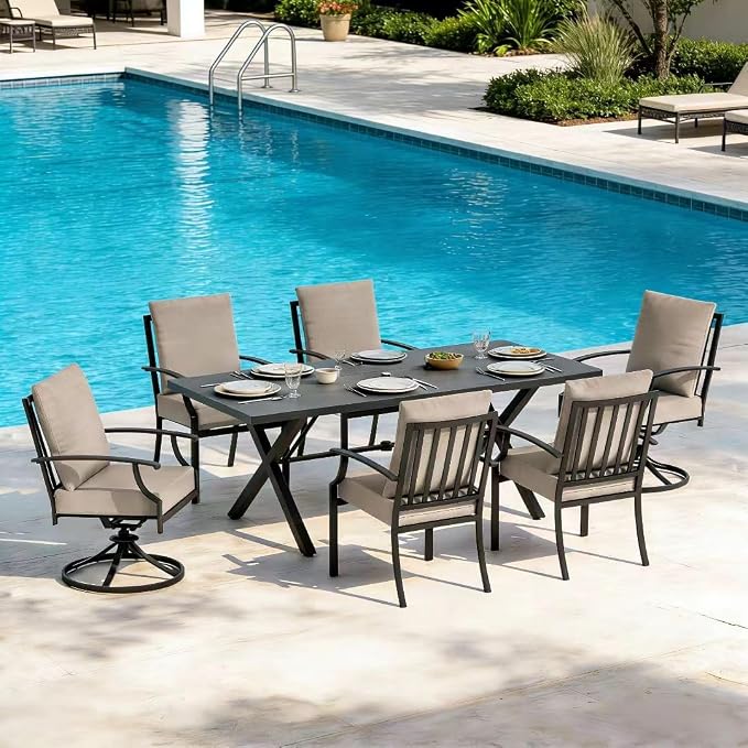 7 PCS Outdoor Patio Dining Set,Patio Table and Chairs Metal Outdoor Patio Furniture Set with Umbrella Hole,Dining Table Set with Swivel Chairs for Deck,Backyard and Garden,Brown