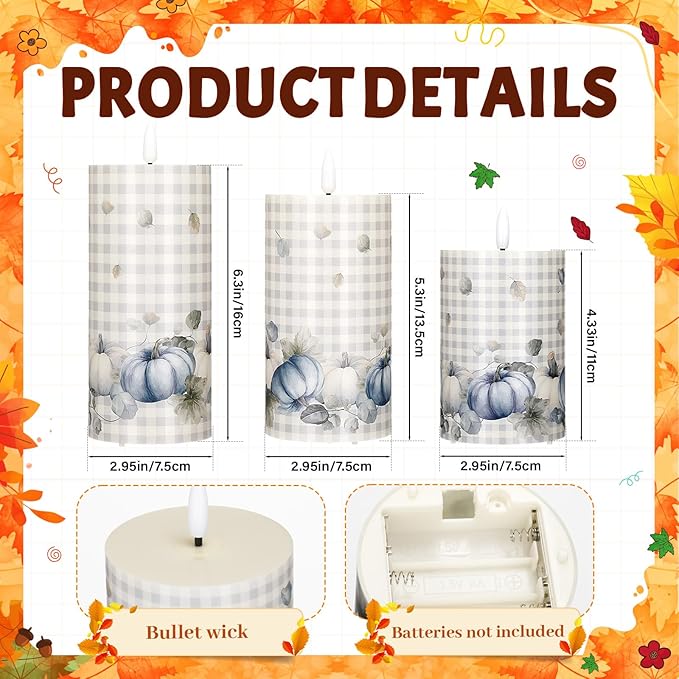 Tuanse 3 Pcs Thanksgiving Fall Flameless Candles Maple Leaf LED Candle Lights Battery Operated Candles Mixed Size Flickering LED Light for Fall Thanksgiving Halloween Harvest(Pumpkin)