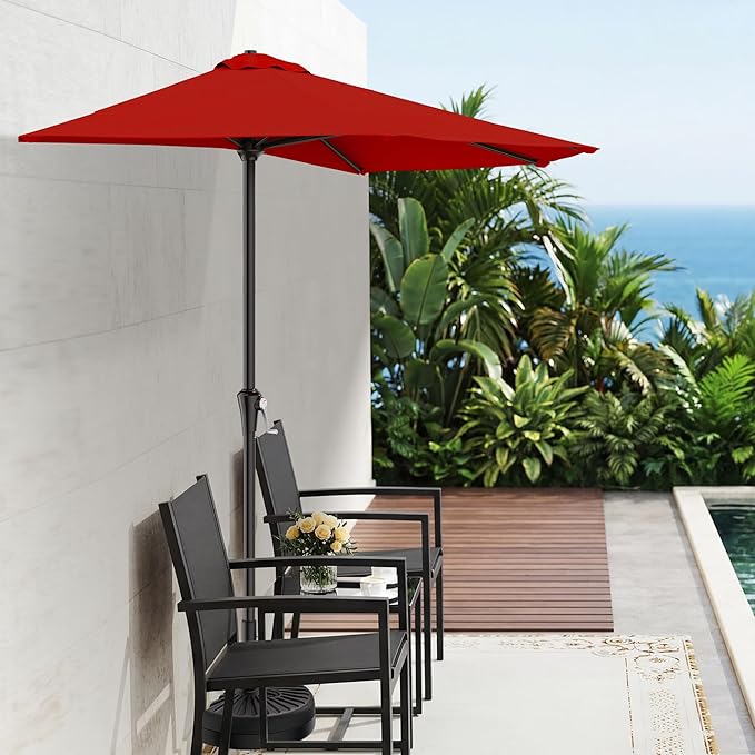 AreShark 9FT Half Patio Umbrella, Outdoor Wall Umbrella with Crank & 5 Sturdy Ribs, Table 1/2 Umbrella Patio for Garden, Deck, Balcony and Pool, Red